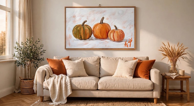 Kunstprint met drie pompoenen, herfstschilderij, ingelijst canvas 16x24, herfstdecoratie met pompoenen, rustieke Thanksgiving-decoratie, Halloween-cadeau afbeelding 2
