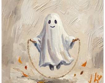 Op de afbeelding: Een olieverfschilderij op doek met een kleine witte geest met een eenvoudig lachend gezicht die touwtjespringt. De geest zweeft in de lucht, omringd door verspreide oranje en bruine herfstbladeren tegen een beige achtergrond met textuur.