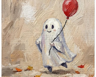 Op de afbeelding: Een olieverfschilderij op doek met een kleine, witte geest met een glimlachend gezicht en roze wangen. De geest houdt een touwtje vast dat verbonden is met een felrode ballon. Op de grond liggen kleine, kleurrijke herfstbladeren.