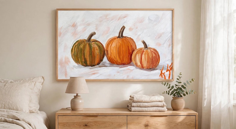 Kunstprint met drie pompoenen, herfstschilderij, ingelijst canvas 16x24, herfstdecoratie met pompoenen, rustieke Thanksgiving-decoratie, Halloween-cadeau afbeelding 5