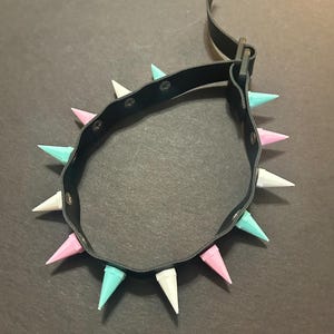 May include: A black leather choker with a silver buckle and a row of colourful spikes. The spikes are alternating colours of pink, white, and light blue.