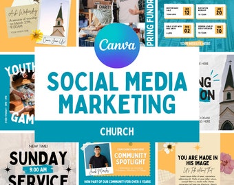 May include: A collage of images promoting a church's social media marketing efforts. The images include a church building, a group of volunteers, a calendar of upcoming events, and a graphic with the text "Social Media Marketing Church".