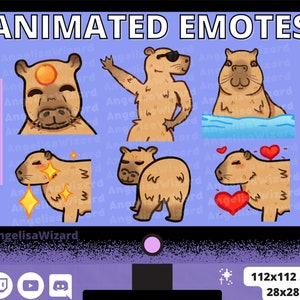 6 Capibara GEANIMEERDE Emotes voor Twitch-subs / Discord / YouTube-leden ~ (GIF) Capibara Liefde, dansen, twerken, meme-emotes.