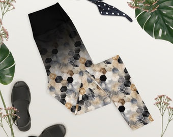 Black Gold Cream and White Geometric Honeycomb Yoga Leggings