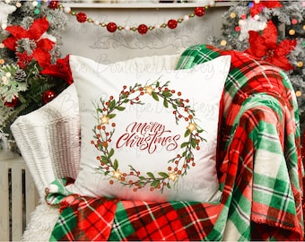 Merry Christmas Wreath Holiday Farmhouse Square Pillow Case