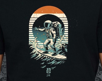 T-shirt abstrait rétro astronaute surfeur