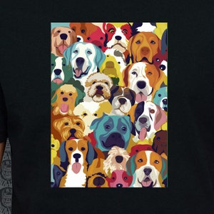 Diseño de camiseta con mezcla de perros coloridos. Estampado de camiseta GorillaFX.