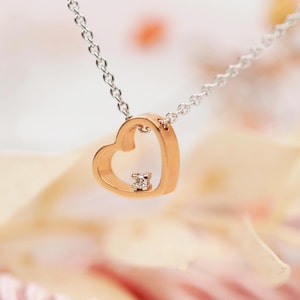 18k Solid Gold Heart Two Tone Necklace with Diamond, Rose Gold Heart with White Gold Chain, Gold Jewelry Present for Her