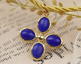 14k Yellow Gold Lapis Lazuli Cross Pendant, Two Sided