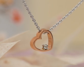 18k Solid Gold Heart Two Tone Necklace with Diamond, Rose Gold Heart with White Gold Chain, Gold Jewelry Present for Her
