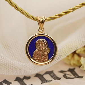 14k Virgin Mary and Baby Jesus Pendant with Lapis Lazuli, Christian Gold Pendant, Baptism Gift,