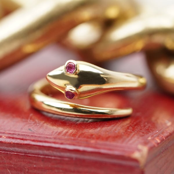 18k Solid Gold Snake Ring with Rubies, Vintage Handmade Gold Ring with Gemstones, Gold Present for Her