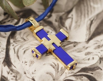 14k Lapis Lazuli Gold Cross, Handmade Gold Cross ,Unisex Baptism Gold Cross