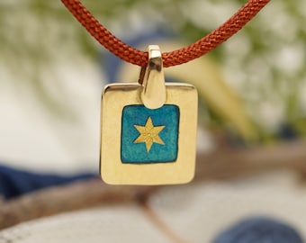 18k Solid Gold Enamel Star Pendant, Square Charm