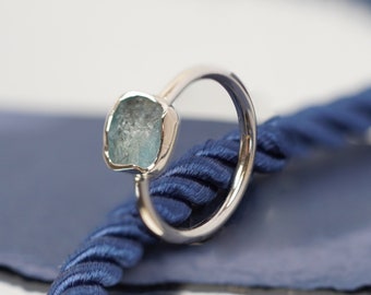 Handmade 18k White Gold Aquamarine Ring, Rough Cut Gemstone