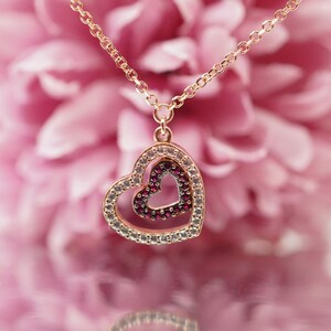 Collar de corazón doble de 14 k con circonita cúbica, collar de corazón de oro macizo, regalo de oro para el día de San Valentín, regalo de oro para aniversario