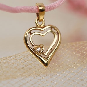 14k Heart Pendant with Zirconia, Cute Heart Charm with Gold, Valentines Present for Her
