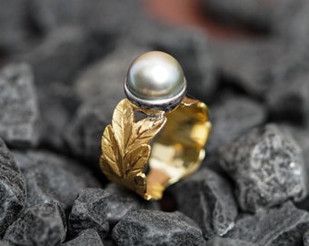 Vintage 18k oro hecho a mano genuino anillo de perlas tahitianas, impresionante anillo vintage, anillo de compromiso de perlas alternativa