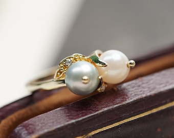 14k Vintage Natural Pearl Ring, Elegant Gold Ring with Pearls, June Birthstone Jewelry