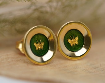 18k Gold Butterfly Earrings, Green Enamel Studs