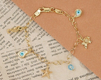 14k Solid Gold Charm Bracelet with Evil Eye, Fish and Bead, Good Luck Gold Bracelet, Gold Present for Her