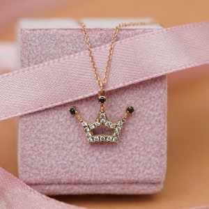 14k Rose Gold Crown Necklace with White and Black Cubic Zirconia, Bridesmaid Gift, Dainty Solid Rose Gold Necklace