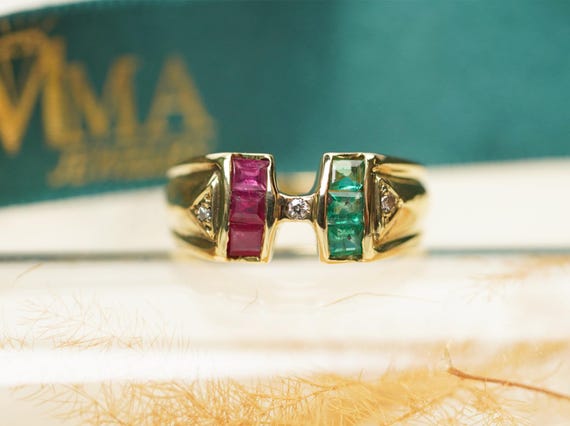 18k Vintage Multi Stone Ring, Ruby and Emerald an… - image 2