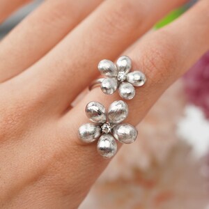 18k Solid Gold Unique Flower Ring with Diamonds, Handmade Double Flower Ring with White Gold, Gold Present for Her