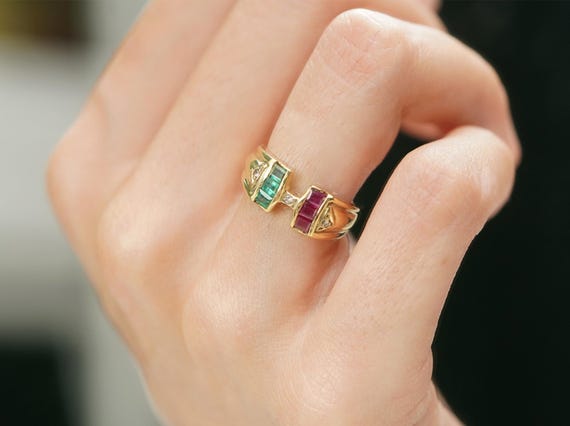18k Vintage Multi Stone Ring, Ruby and Emerald an… - image 1