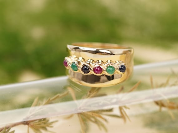 14k Gold Multi Gemstone Ring, Vintage Ruby Emeral… - image 1