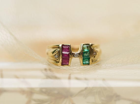 18k Vintage Multi Stone Ring, Ruby and Emerald an… - image 3