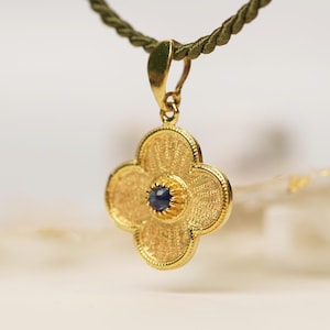 18k Beautiful Byzantine Style Cross with Sapphire, Christening Gold Cross, Baptism Cross with Sapphire