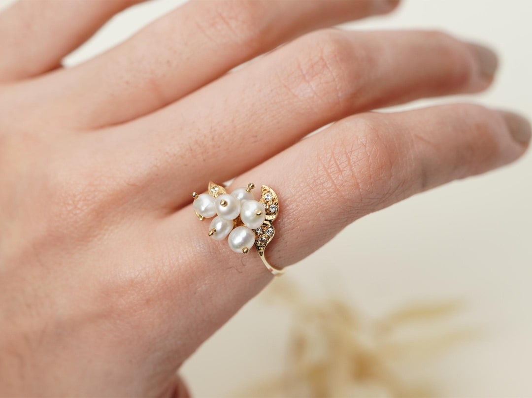 Bague Ancienne En Or 14 Carats Avec Perles Et Pierres - Occasion, Style Sertie Vintage, Bijou Unique