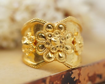 18k Solid Gold Wire and Flowers Ring, 1990s Handmade Gold Ring, Gold Present for Her