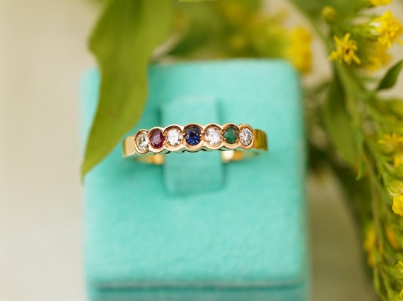 18k Solid Gold Multi Gemstone Ring, Diamond Ruby … - image 2