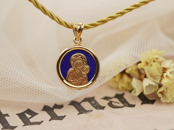 14k Gold Virgin Mary Lapis Lazuli Pendant, Baptism Gift