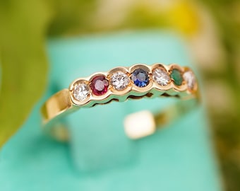 18Kソリッドゴールドマルチジェムストーンリング、ダイヤモンド、ルビー、サファイア、エメラルド