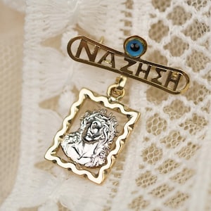 14k Newborn Gold Amulet, Gold Protection Jesus Pin Brooch, Baby Shower Gift