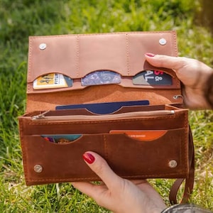 Clutch de cuero mujer, cartera de pulsera, clutch vintage marrón, cartera larga de embrague, cartera de embrague