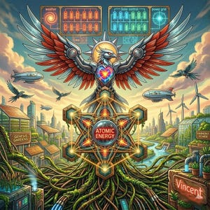 May include: A digital illustration featuring a phoenix with outstretched wings, a heart-shaped core, and a geometric design. The image includes airships, wind turbines, and text that reads "Atomic Energy", "Genesis Gardens", and "Harmony Power". The colour palette includes red, orange, blue, and green.
