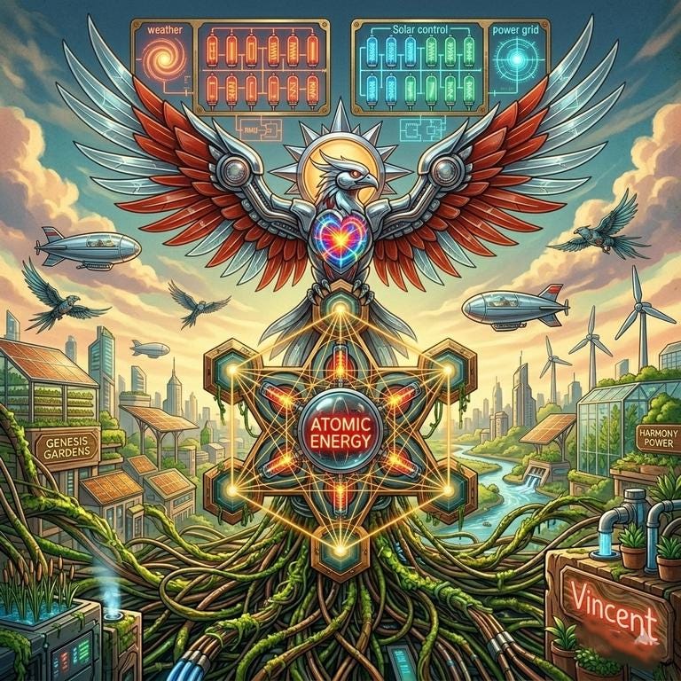 Retro-futuristic Solarpunk Phoenix Art Print - Atomic Energy