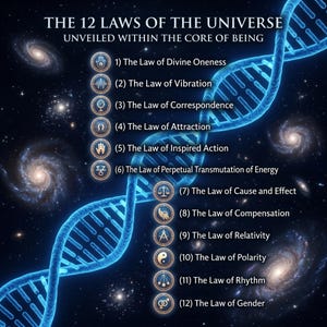Puede incluir: Un fondo cósmico azul oscuro con una estructura de doble hélice de ADN azul brillante. El texto dice THE 12 LAWS OF THE UNIVERSE UNVEILED WITHIN THE CORE OF BEING, seguido de una lista de 12 leyes numeradas, cada una con un icono circular.