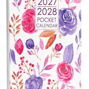 May include: A rectangular pocket calendar with a white background featuring a watercolor floral pattern in shades of pink, purple, and orange. The text 2027 2028 POCKET CALENDAR is printed in a dark purple font inside a central rectangular frame.