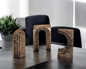3 Piece Travertine Arch Sculpture Set – Ancient Minimalist Decor – Natural Stone Modern Accent – Arched Object Statues, Handmade Gift