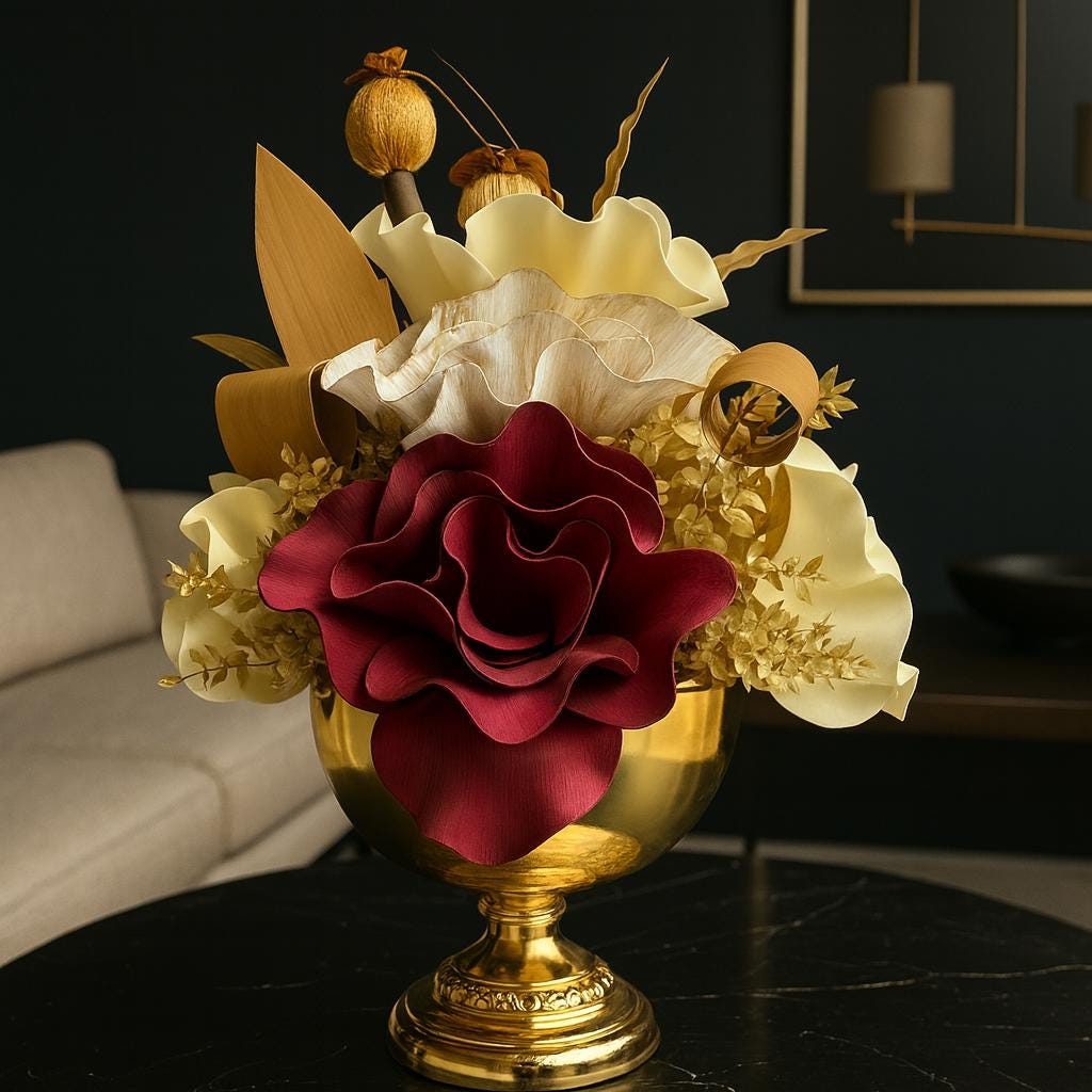 Luxury Floral Arrangement, Dining Table Centerpiece Modern, Handmade Artificial Flower, Gold Metal Flower Pot, Modern Home Decor Gift