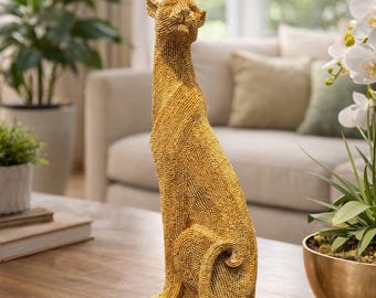 Gold Beaded Leopard Statue, Modern Cat Decor, Animal Sculpture, Home Decor Accent
