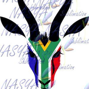 以下が含まれることがあります： 南アフリカの国旗が顔に描かれた、スプリングボックの雄の頭部の白黒のイラスト。画像の下に「SPRINGBOKS」という文字が黄色で書かれている。