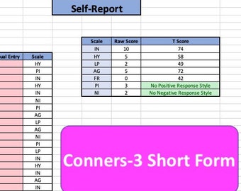 Conners-3 Short Form Autoscoring Template for self-report, parent report and teacher report - American/English norms