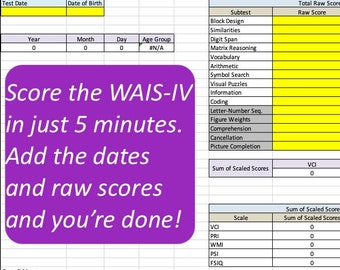 Plantilla de puntuación automática WAIS-IV (Escala de inteligencia para adultos de Wechsler - Cuarta edición) - Americano/Inglés