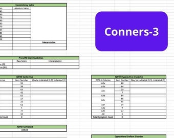 Conners-3 Autoscoring-sjabloon voor zelfrapportage, ouderrapport en lerarenrapport met bonusvergelijkingsgrafiek - Amerikaans/Engels